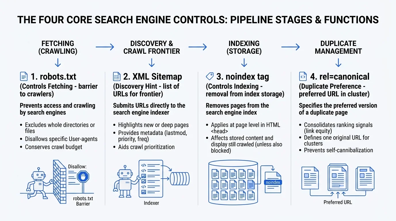 Diagram comparing the four core search engine controls: robots.txt, XML sitemap, noindex, and canonical