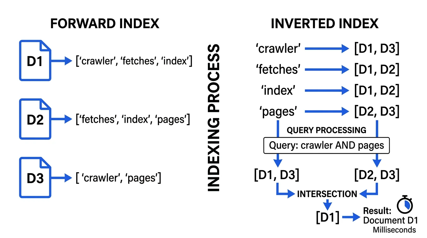 Diagram comparing forward index versus inverted index posting lists and query intersection