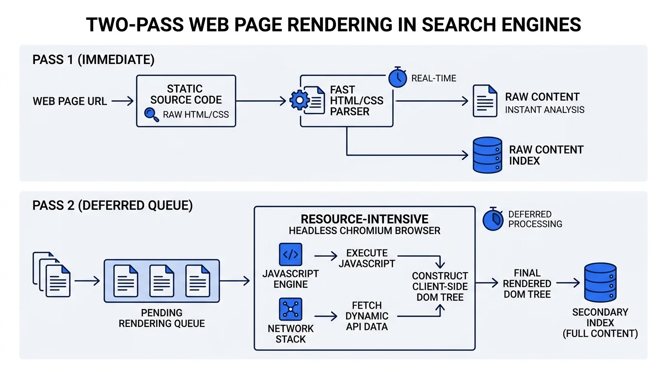 Two-pass web page rendering workflow: immediate raw HTML parsing versus deferred headless browser execution